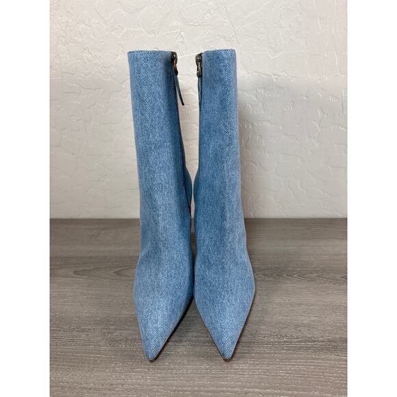 NEW Amina Muaddi Giorgia 100mm Denim Ankle Boots Size 35 Fluted Heel Point Toe - Picture 5 of 8